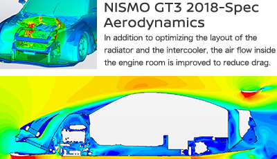 NISMO GT3 2018-Spec Aerodynamics - In addition to optimizing the layout of the radiator and the intercooler, the air flow inside the engine room is improved to reduce drag.