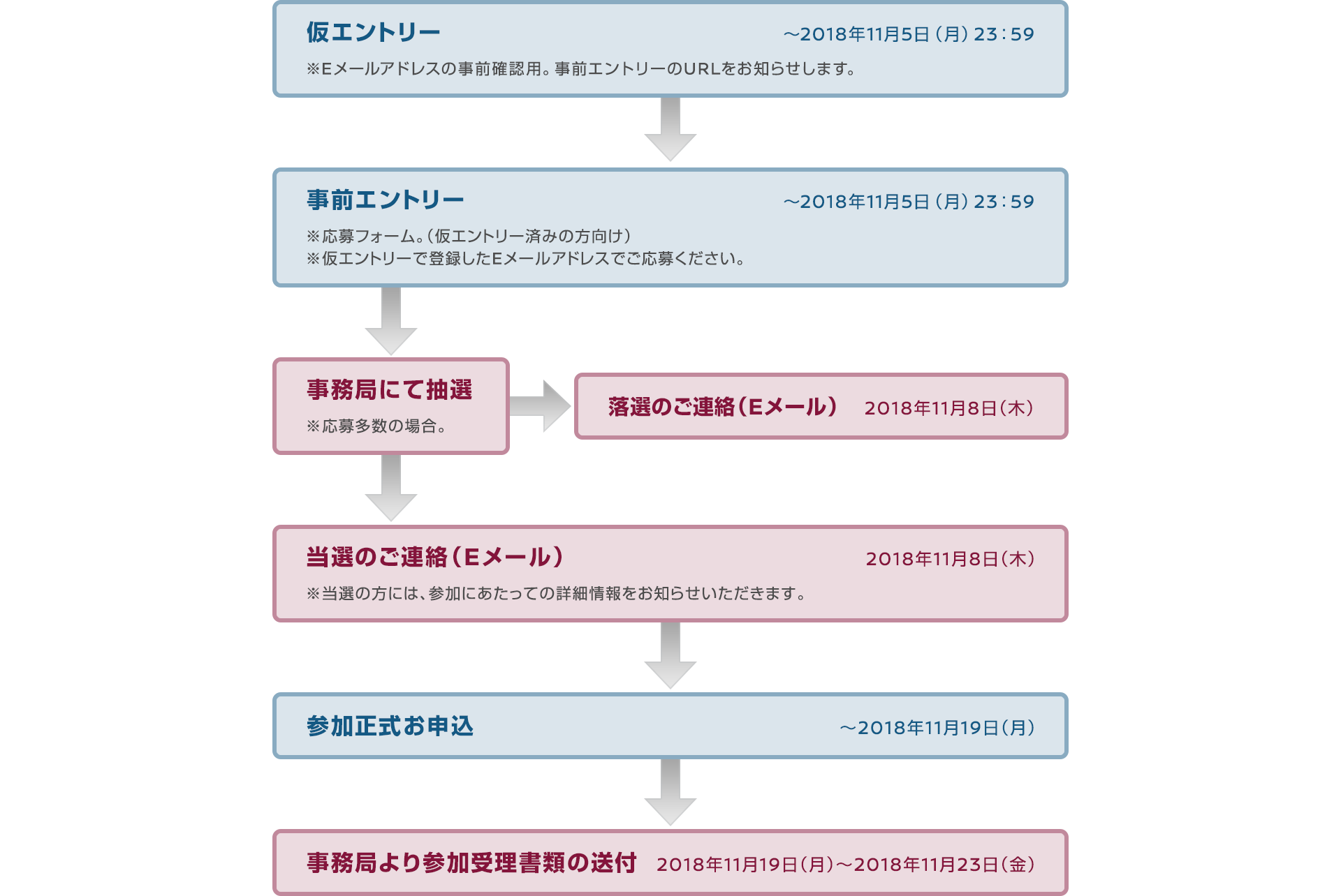 仮エントリー-事前エントリー-事務局にて抽選-当落のご連絡(Eメール)-参加正式お申込-事務局より参加受理書類の送付