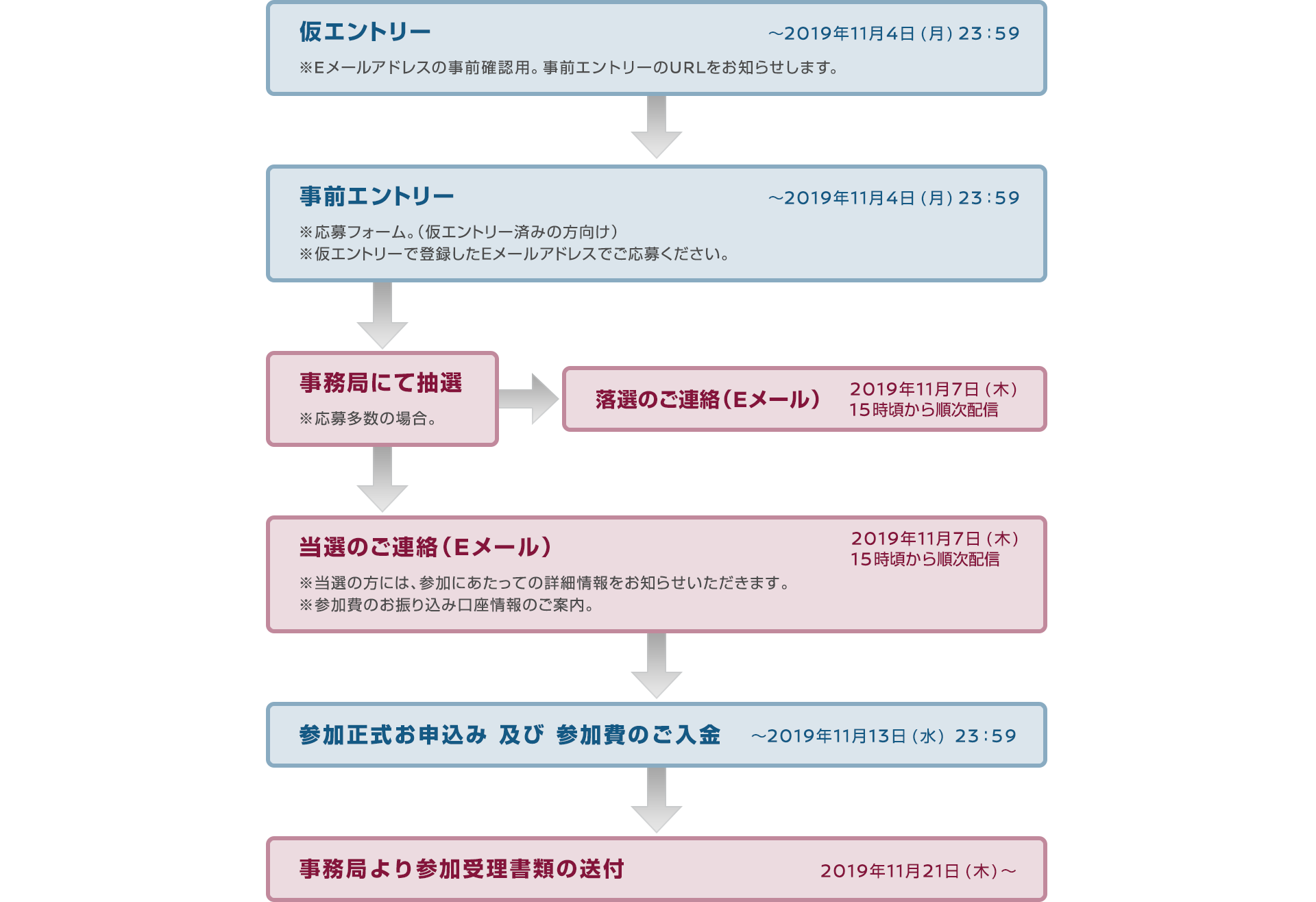 仮エントリー－事前エントリー－事務局にて抽選－当落のご連絡（Eメール）－参加正式お申込 参加費のご入金－事務局より参加受理書類の送付