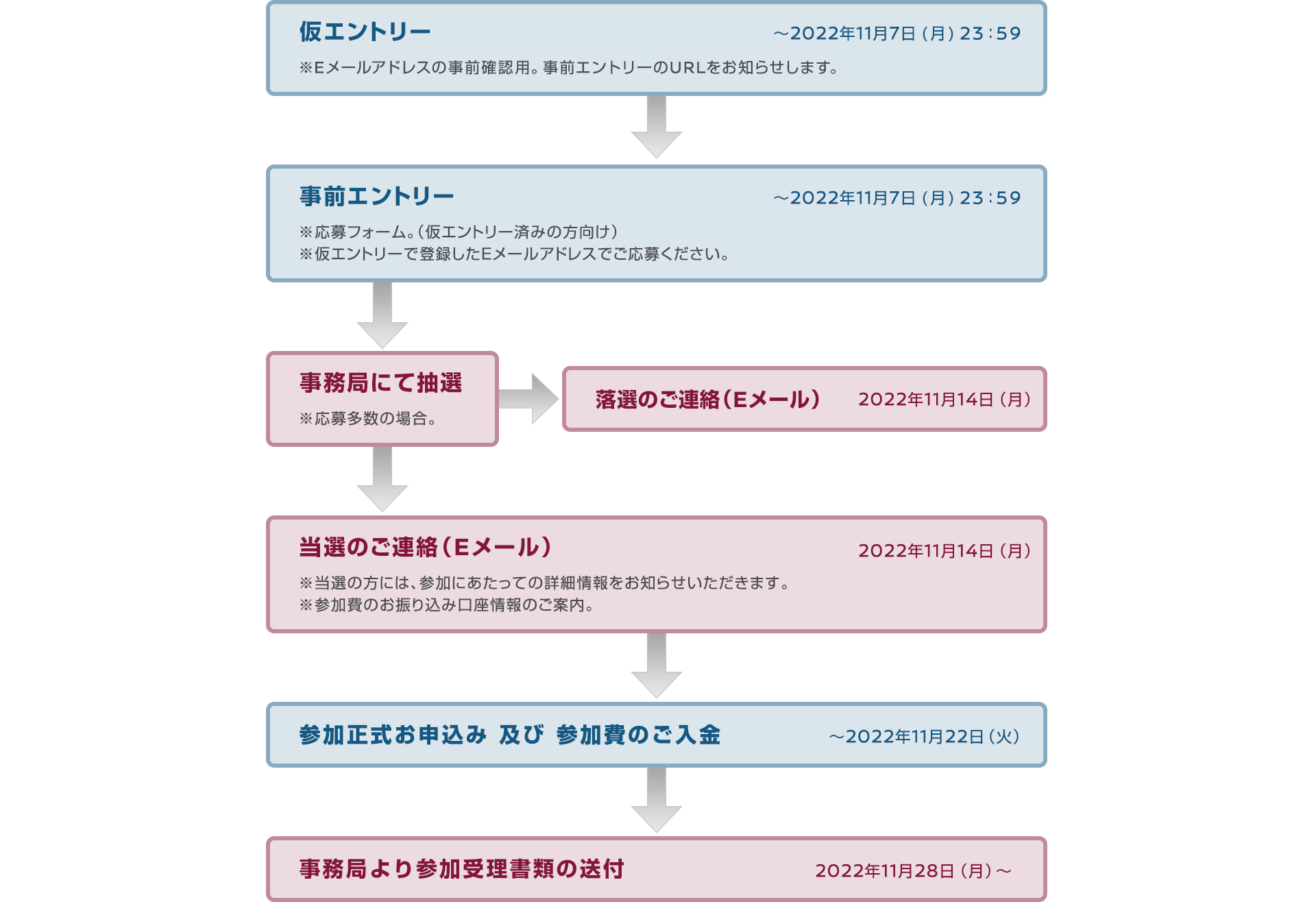 仮エントリー-事前エントリー-事務局にて抽選-当落のご連絡(Eメール)-参加正式お申込 参加費のご入金-事務局より参加受理書類の送付
