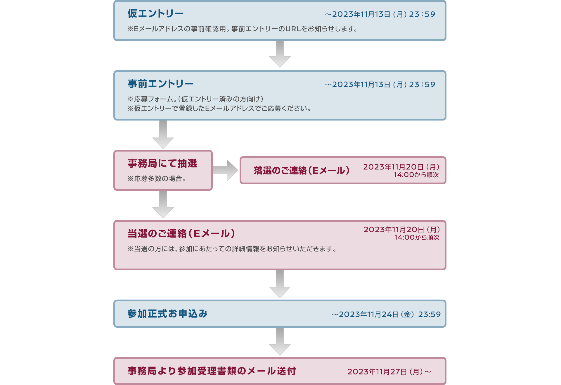 仮エントリー-事前エントリー-事務局にて抽選-当落のご連絡(Eメール)-参加正式お申込-事務局より参加受理書類の送付