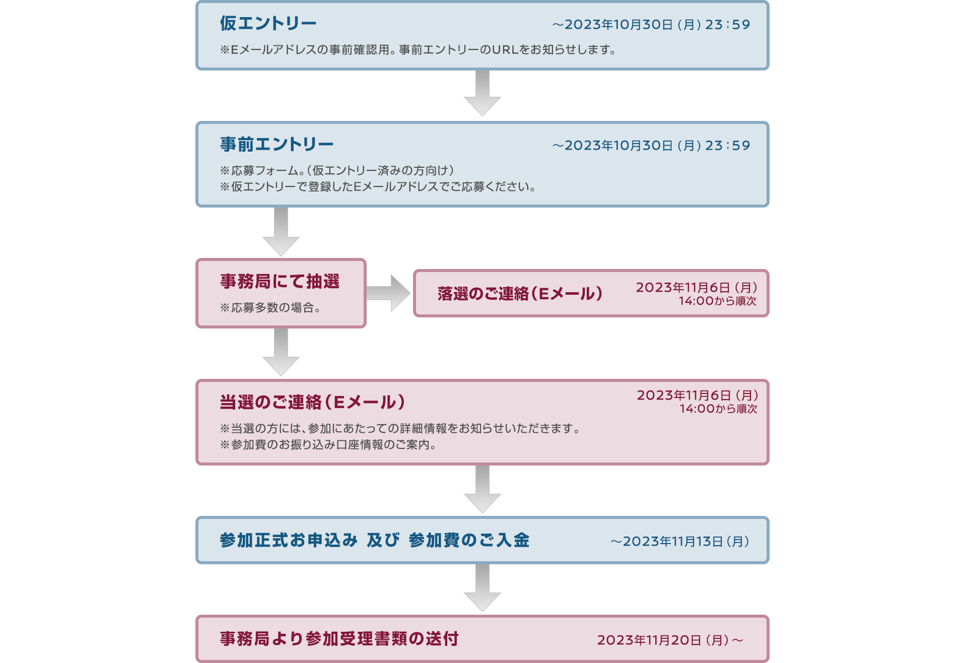 仮エントリー-事前エントリー-事務局にて抽選-当落のご連絡(Eメール)-参加正式お申込 参加費のご入金-事務局より参加受理書類の送付