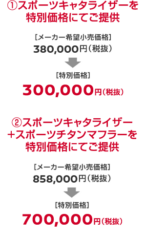 ①スポーツキャタライザーを特別価格にてご提供 ②スポーツキャタライザー+スポーツチタンマフラーを特別価格にてご提供