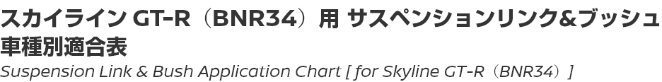 Suspension Link & Bush Application Chart [for Skyline GT-R (BNR34)]/スカイライン GT-R（BNR34）用サスペンションリンク＆ブッシュ車種別適合表