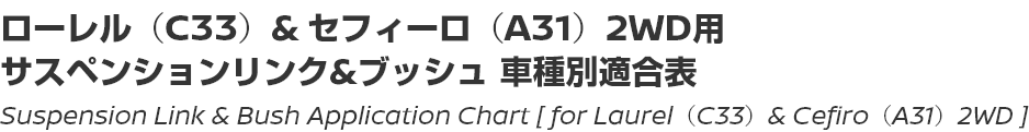 Suspension Link & Bush Application Chart [for Laurel (C33) & Cefiro (A31) 2WD]/ローレル（C33）& セフィーロ（A31）2WD用サスペンションリンク＆ブッシュ車種別適合表