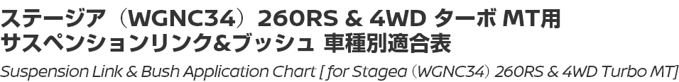 Suspension Link & Bush Application Chart [for Stagea (WGNC34) 260RS & 4WD Turbo MT]/ステージア（WGNC34）260RS & 4WD ターボ MT用サスペンションリンク＆ブッシュ車種別適合表